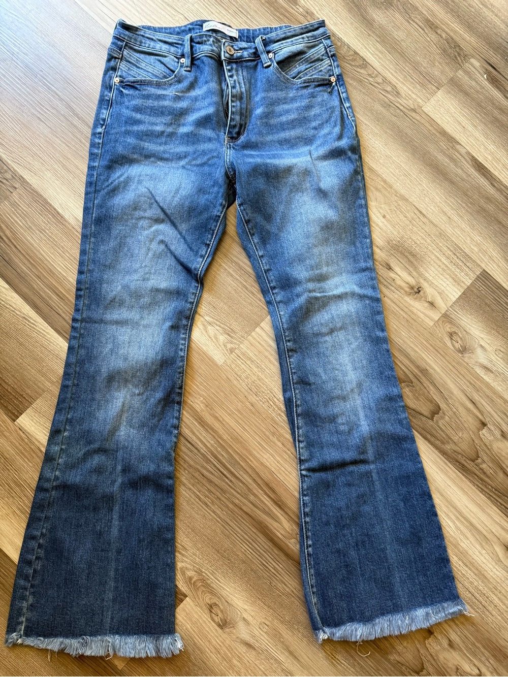 KanCan Blue Wash Flare Jeans with Frayed Hem